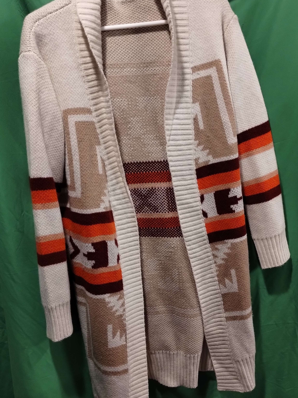 Beige & Orange Patterned Open-Front Woman’s Sweater Cardigan